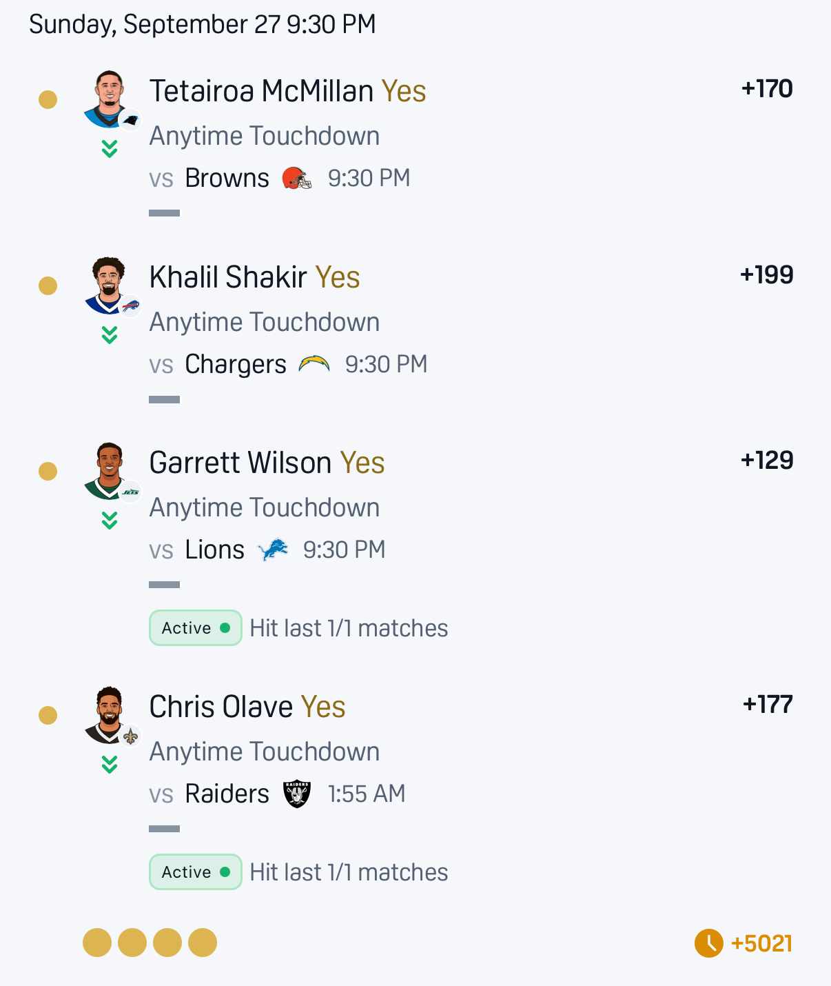 A Touchdown NFL parlay: four anytime touchdown legs, from Tetairoa McMillan to Chris Olave, at +5021