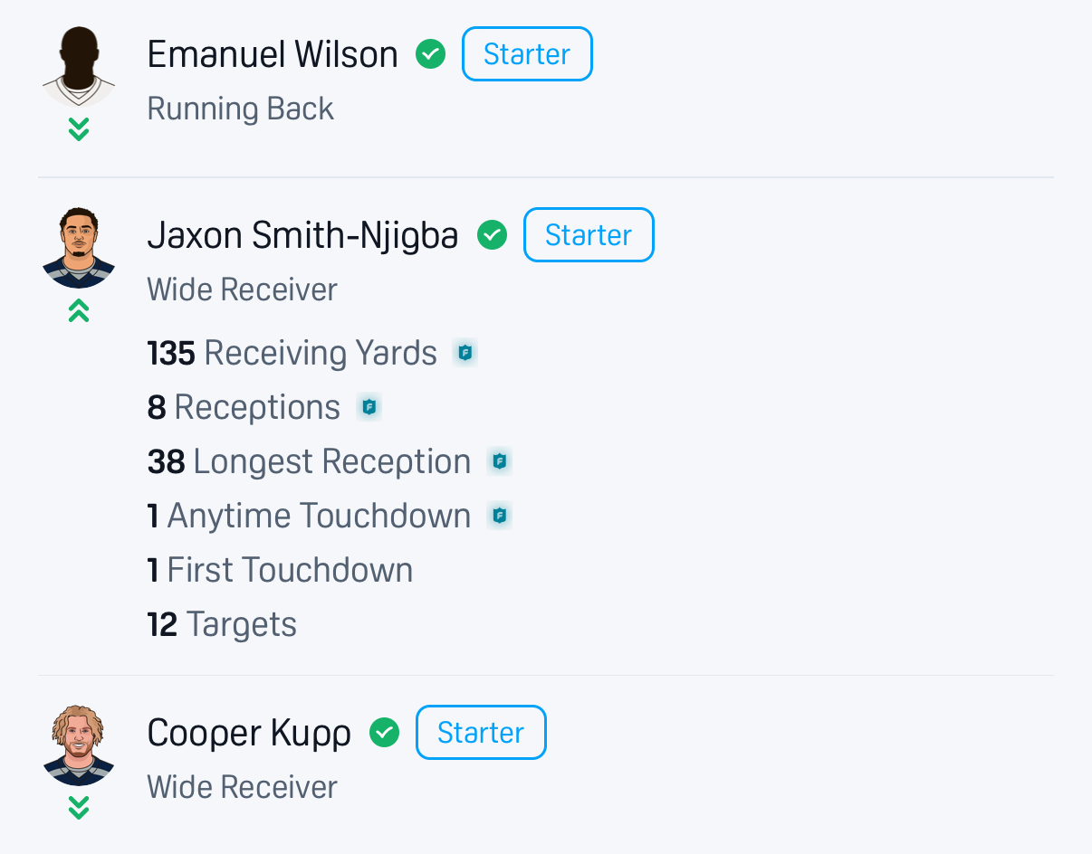 A player projection opened from the lineup: Jaxon Smith-Njigba, 135 receiving yards, 8 receptions, 38 longest reception, 1 anytime touchdown and 12 targets