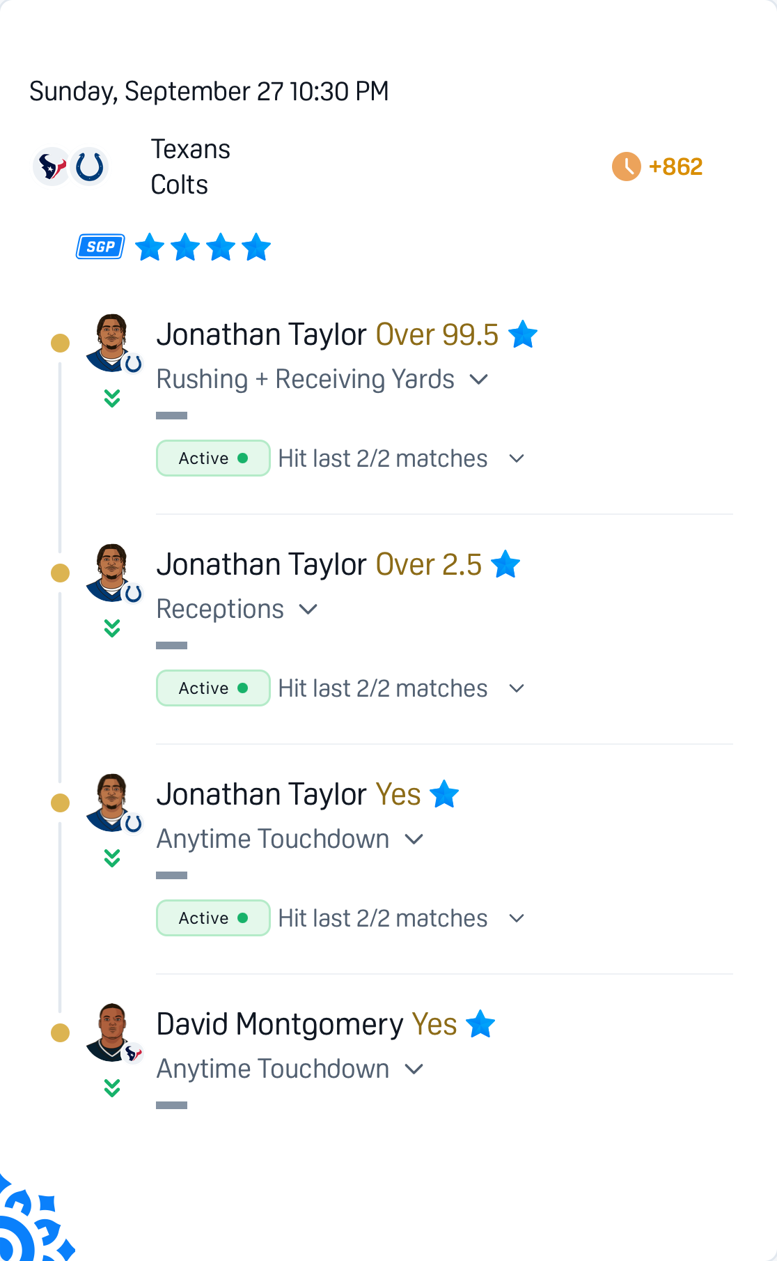 A Touchdown NFL same game multi: Texans vs Colts, four legs with Jonathan Taylor's rushing and receiving yards, receptions and anytime touchdown, at +862